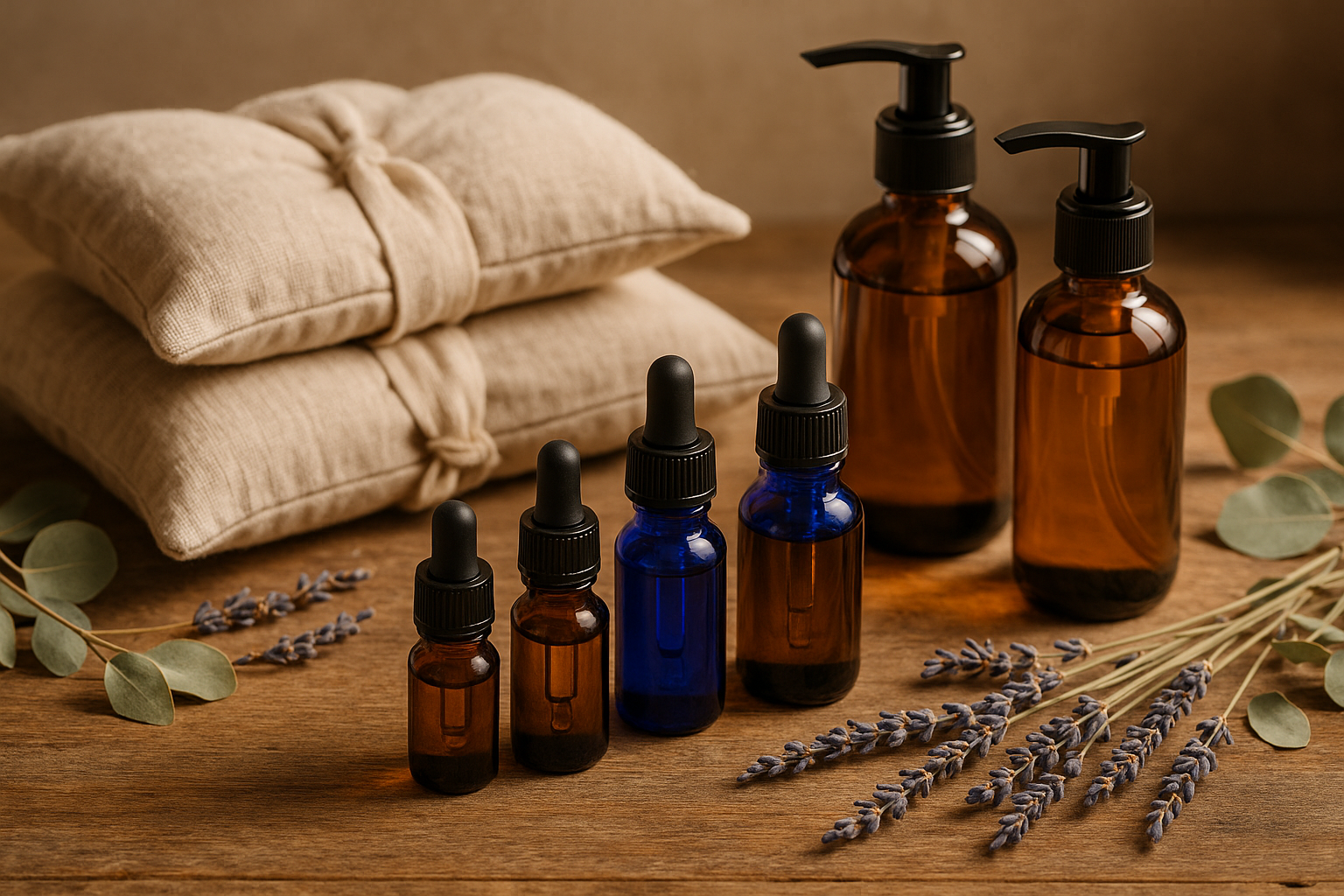 a selection of aromatherapy products including massage oils, massage bars and candles