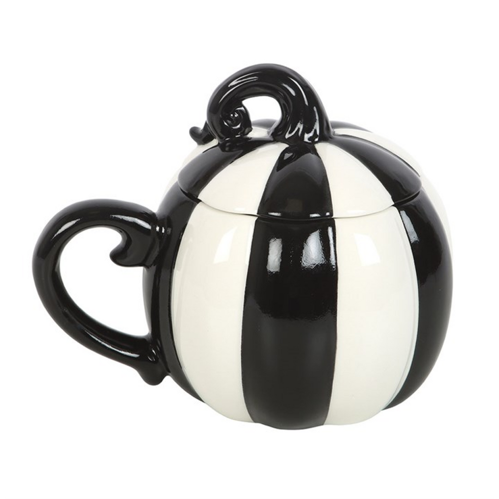 Black and White Striped Pumpkin Lidded Mug - GETTING DISCONTINUED
