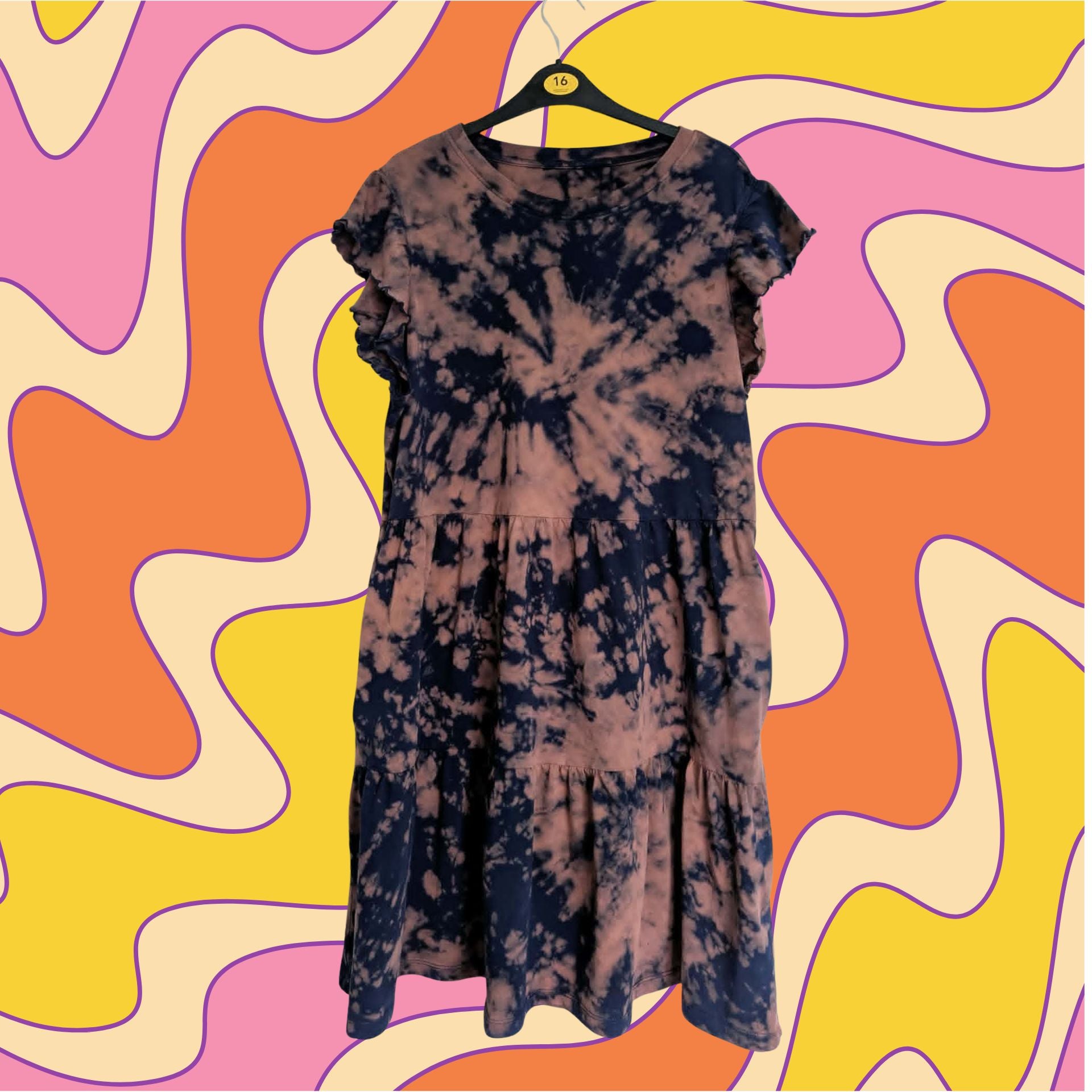 Funky Midnight Spiral Bleach Dye Tiered Dress