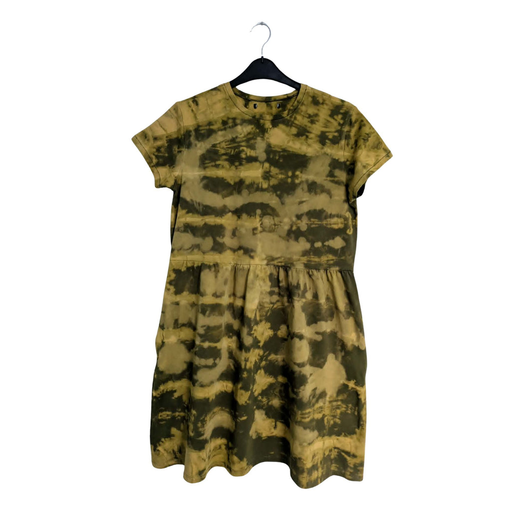 Khaki Storm Bleach Dye Smock Dress — One of a Kind