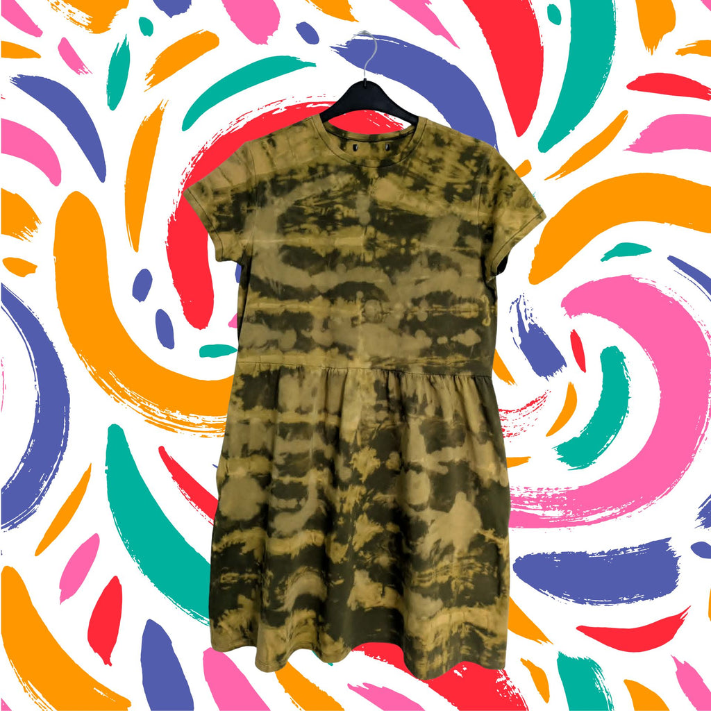 Khaki Storm Bleach Dye Smock Dress — Funky One of a Kind