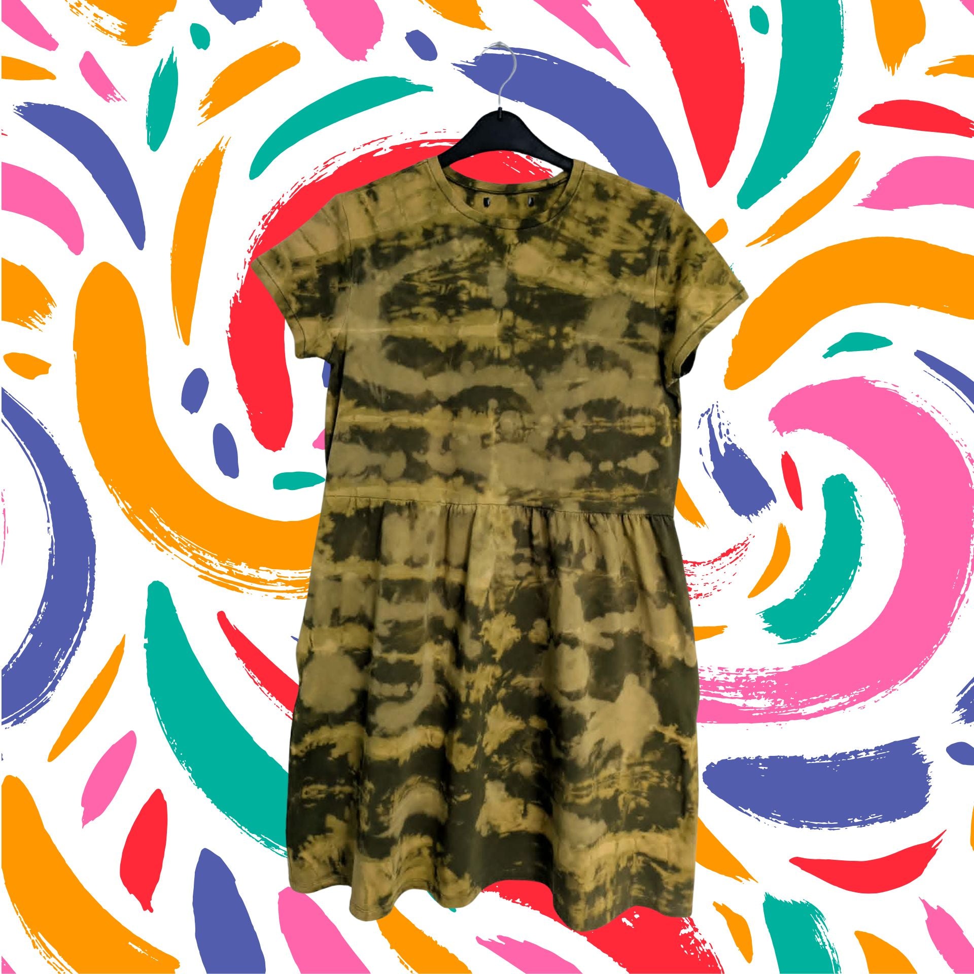 Khaki Storm Bleach Dye Smock Dress — Funky One of a Kind