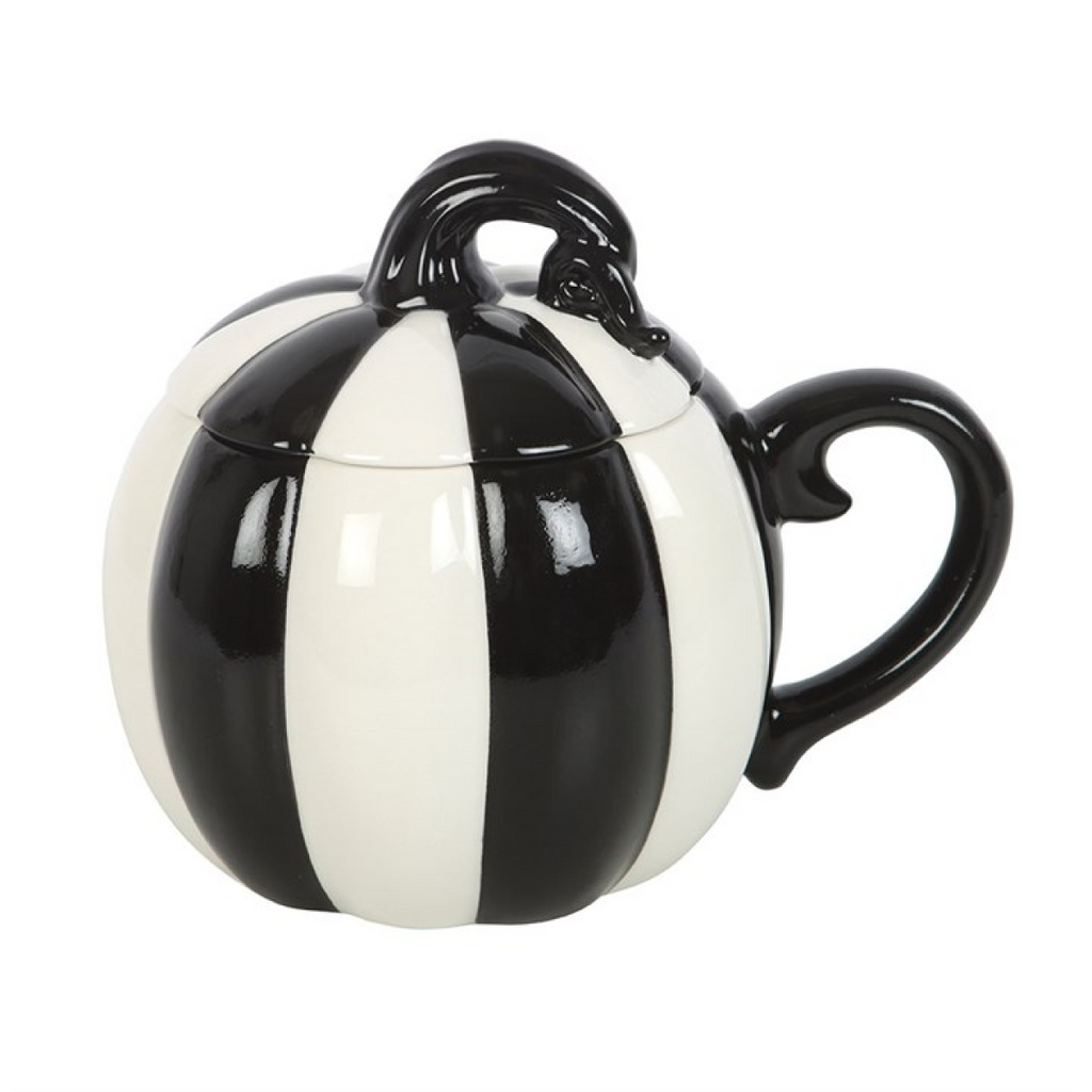 Black and White Striped Pumpkin Lidded Mug - GETTING DISCONTINUED
