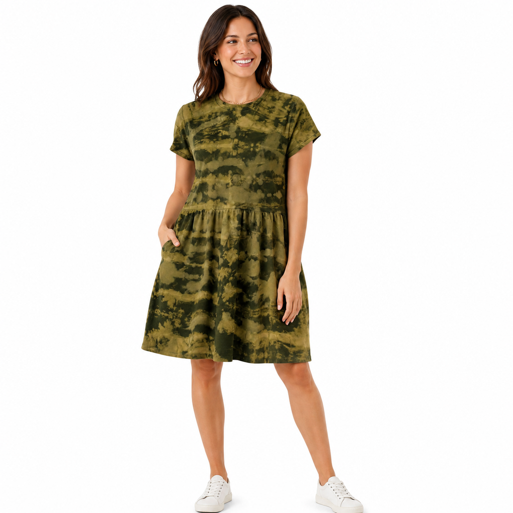 Khaki Storm Bleach Dye Smock Dress — One of a Kind On A Female Model