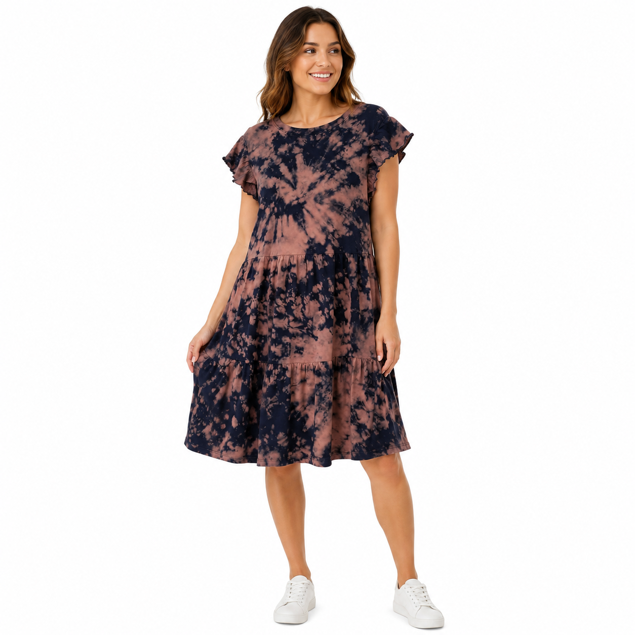 Midnight Spiral Bleach Dye Tiered Dress On A Female Model