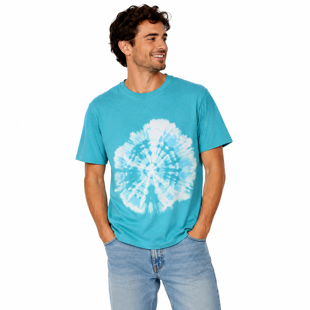 Teal Sunburst Bleach Dye T-Shirt — One of a Kind On A Male Model