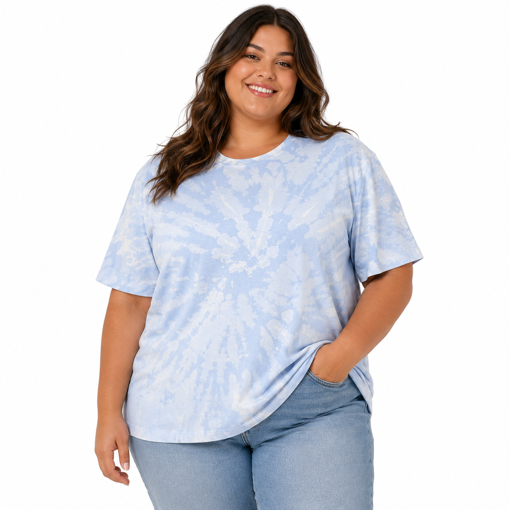 Sky Blue Spiral Bleach Dye T-Shirt — One of a Kind On A Female Model