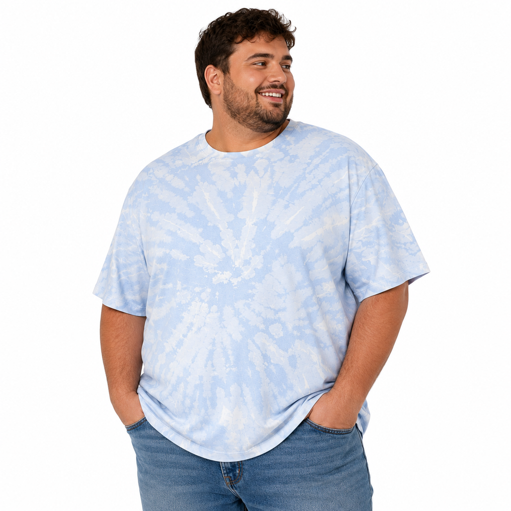 Sky Blue Spiral Bleach Dye T-Shirt — One of a Kind On A Male Model