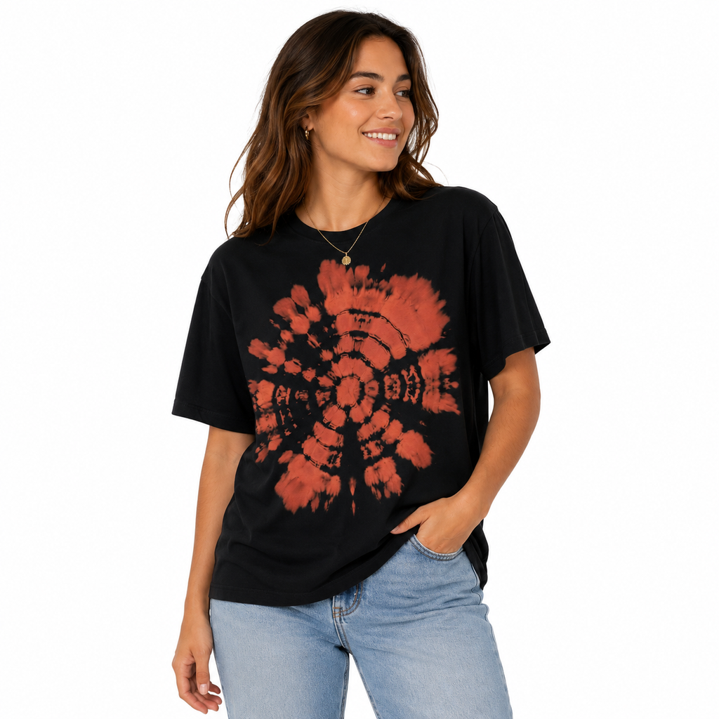 Black Ammonite Bleach Dye T-Shirt — One of a Kind On A Female Model
