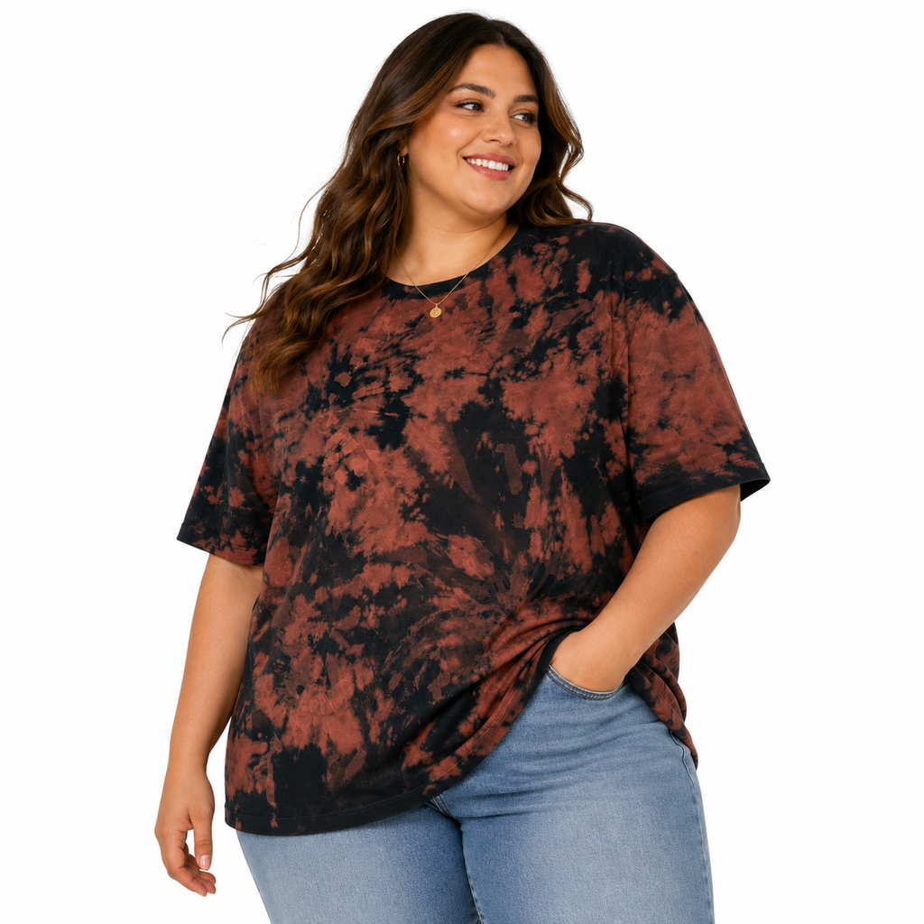 Black & Copper Bleach Dye T-Shirt — One of a Kind On A Female Model