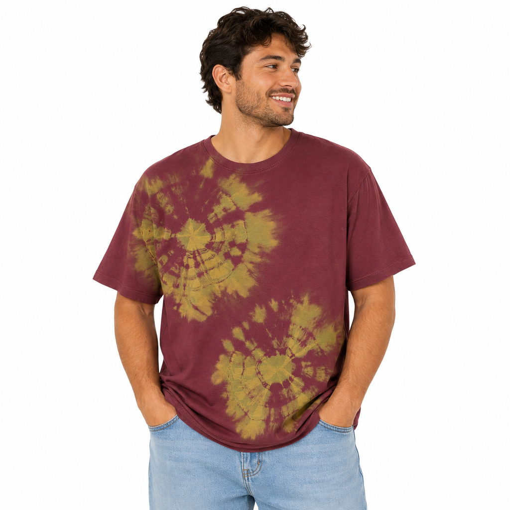Burgundy Sunflower Bleach Dye T-Shirt — One of a Kind On A Male Model