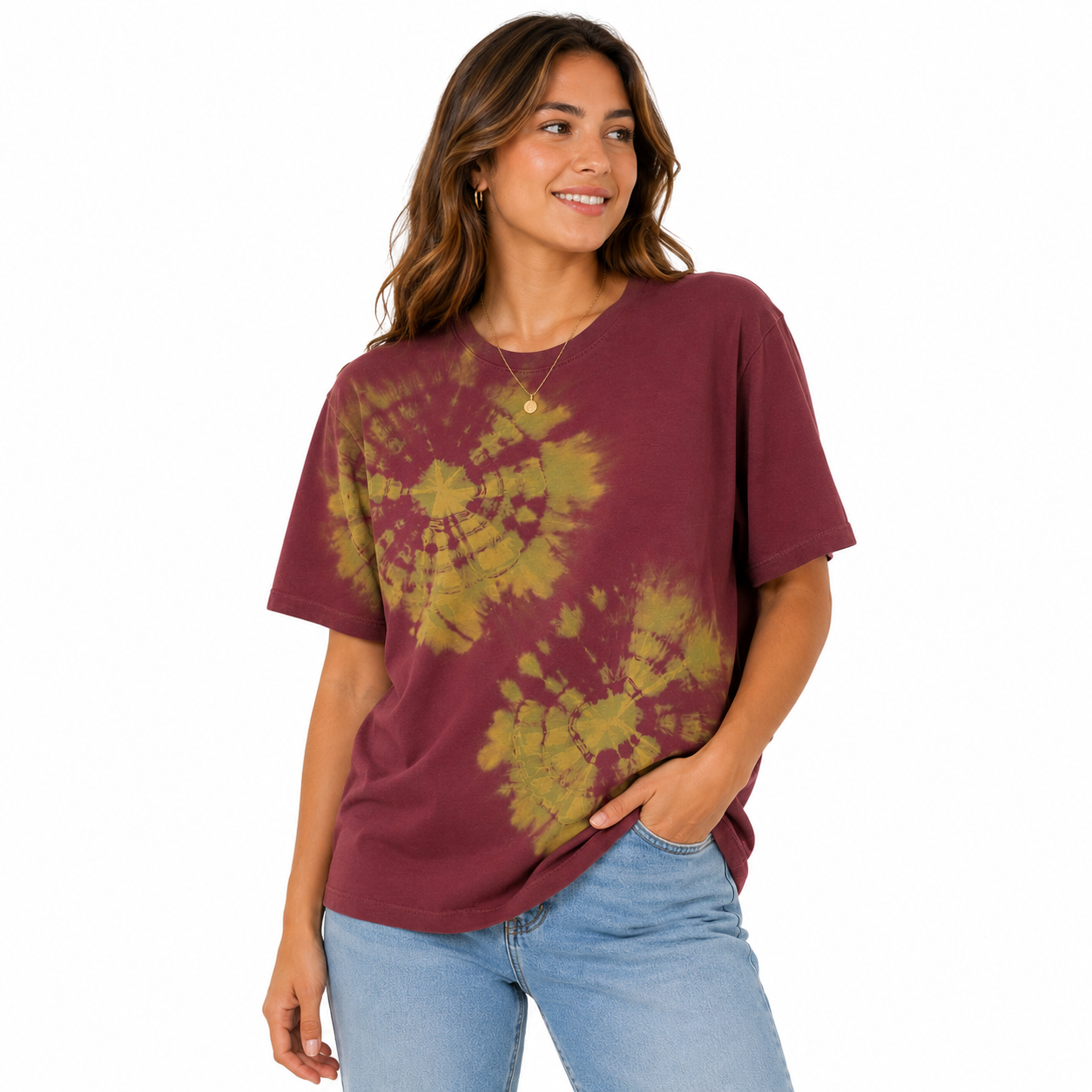 Burgundy Sunflower Bleach Dye T-Shirt — One of a Kind On A Female Model