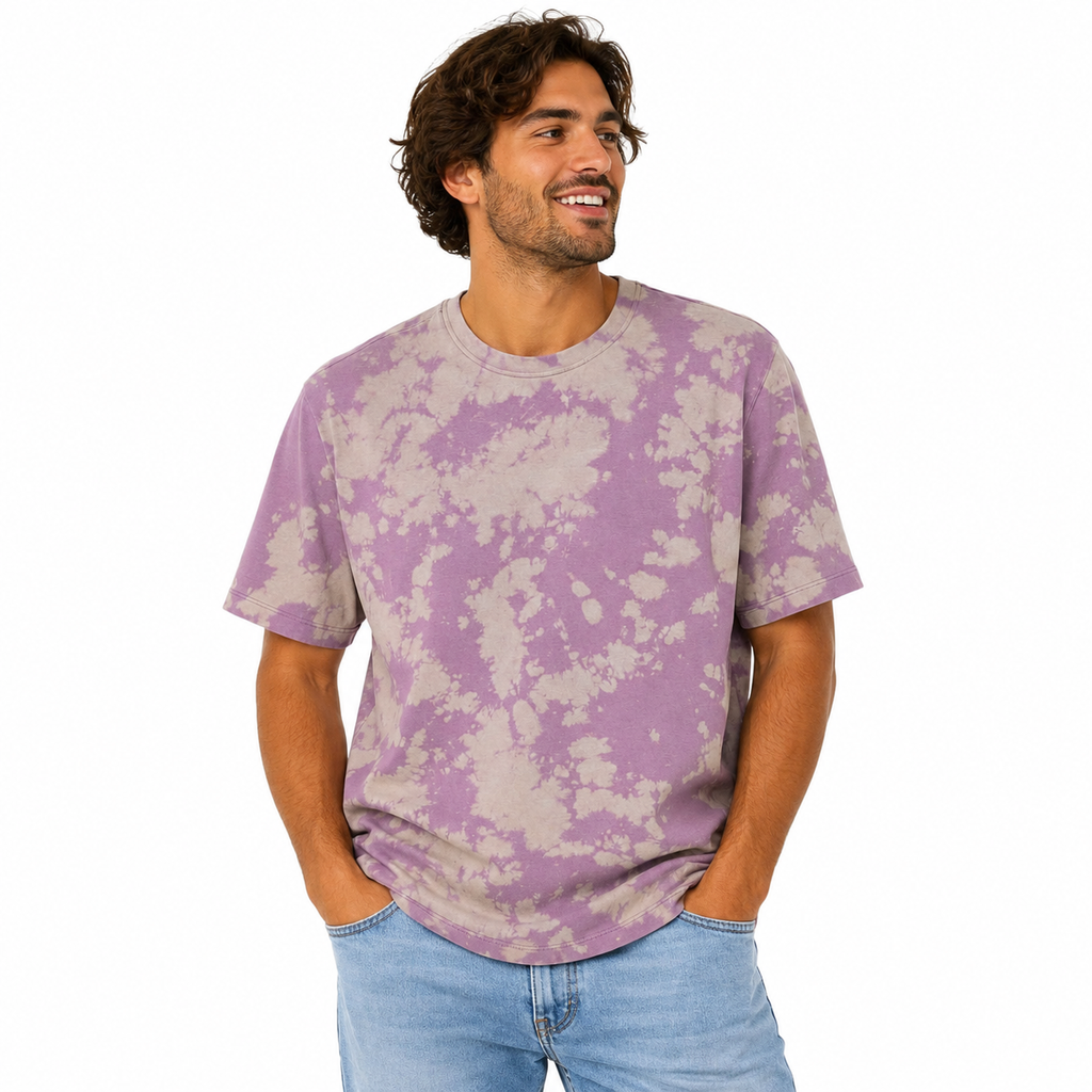 Lilac Cloud Bleach Dye T-Shirt — One of a Kind On A Male Model