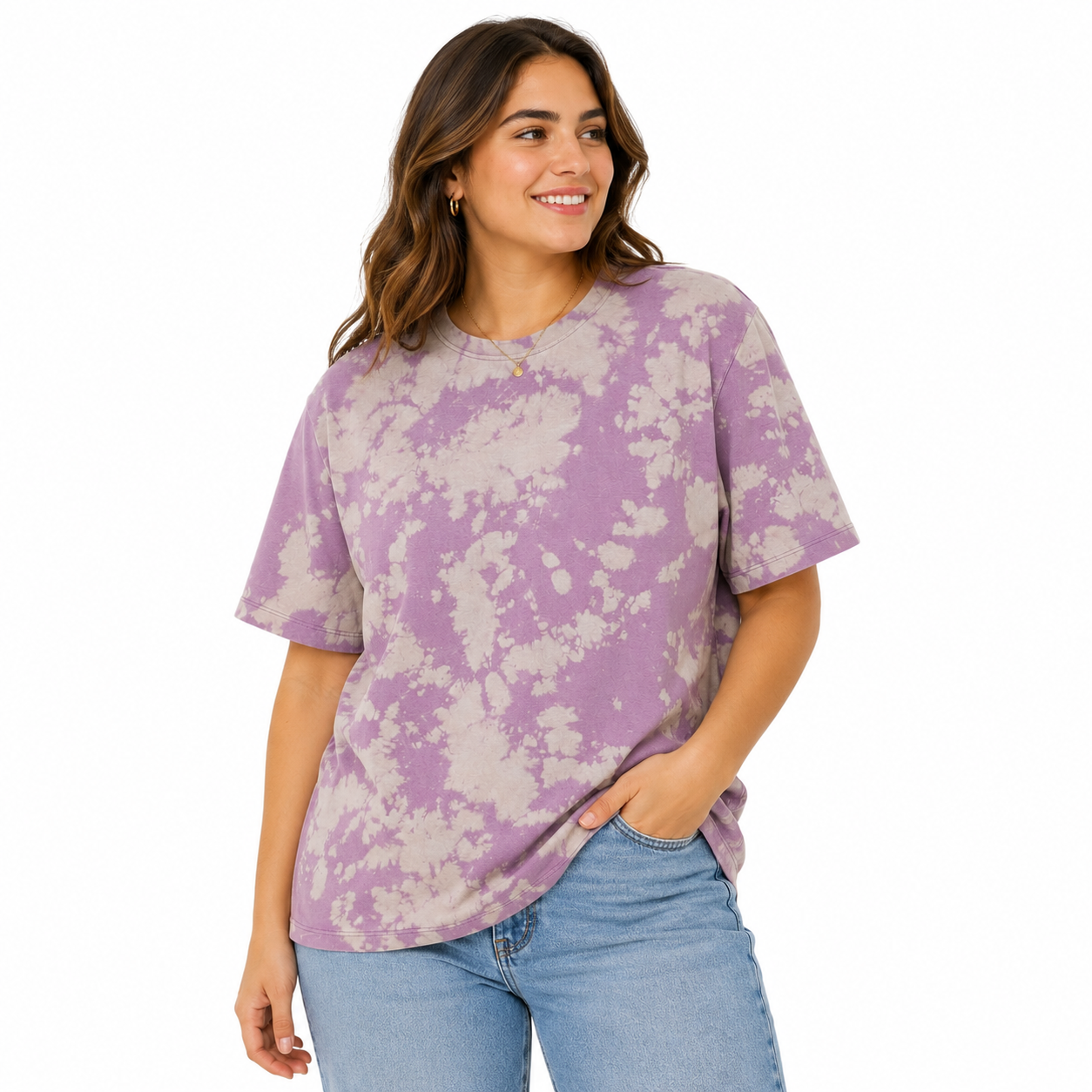 Lilac Cloud Bleach Dye T-Shirt — One of a Kind On A Female Model