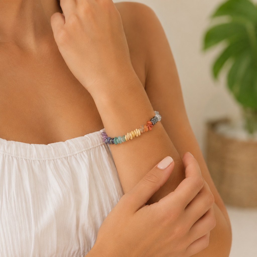 Chakra Bracelet worn on a female wrist