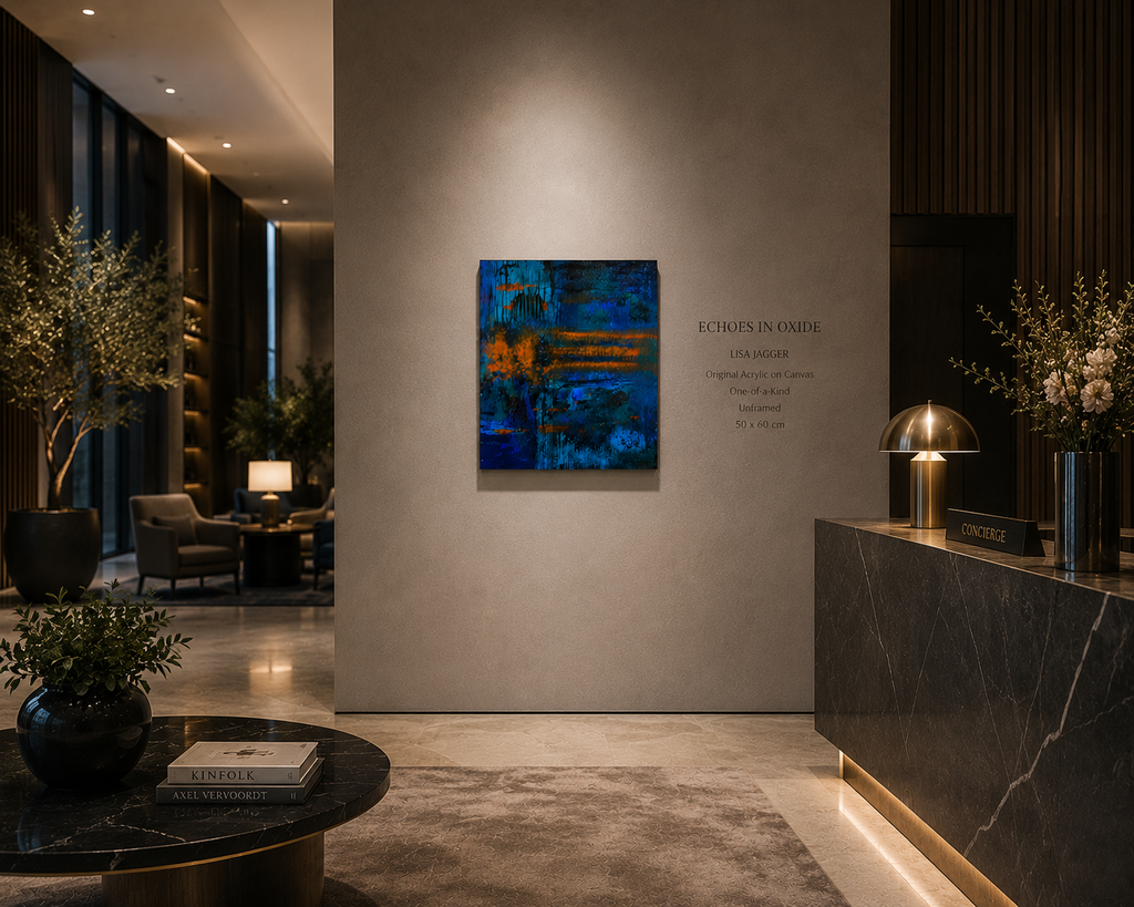Echoes In Oxide in a mock up modern hotel lobby