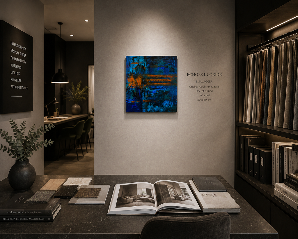 Echoes In Oxide In a Sophisticated Interior Design Studio Mockup Setting