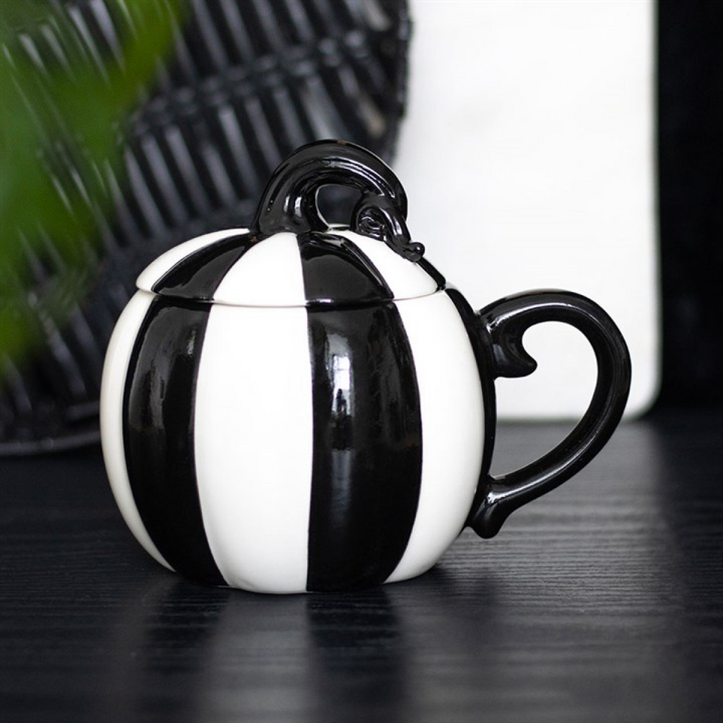 Black and White Striped Pumpkin Lidded Mug - GETTING DISCONTINUED